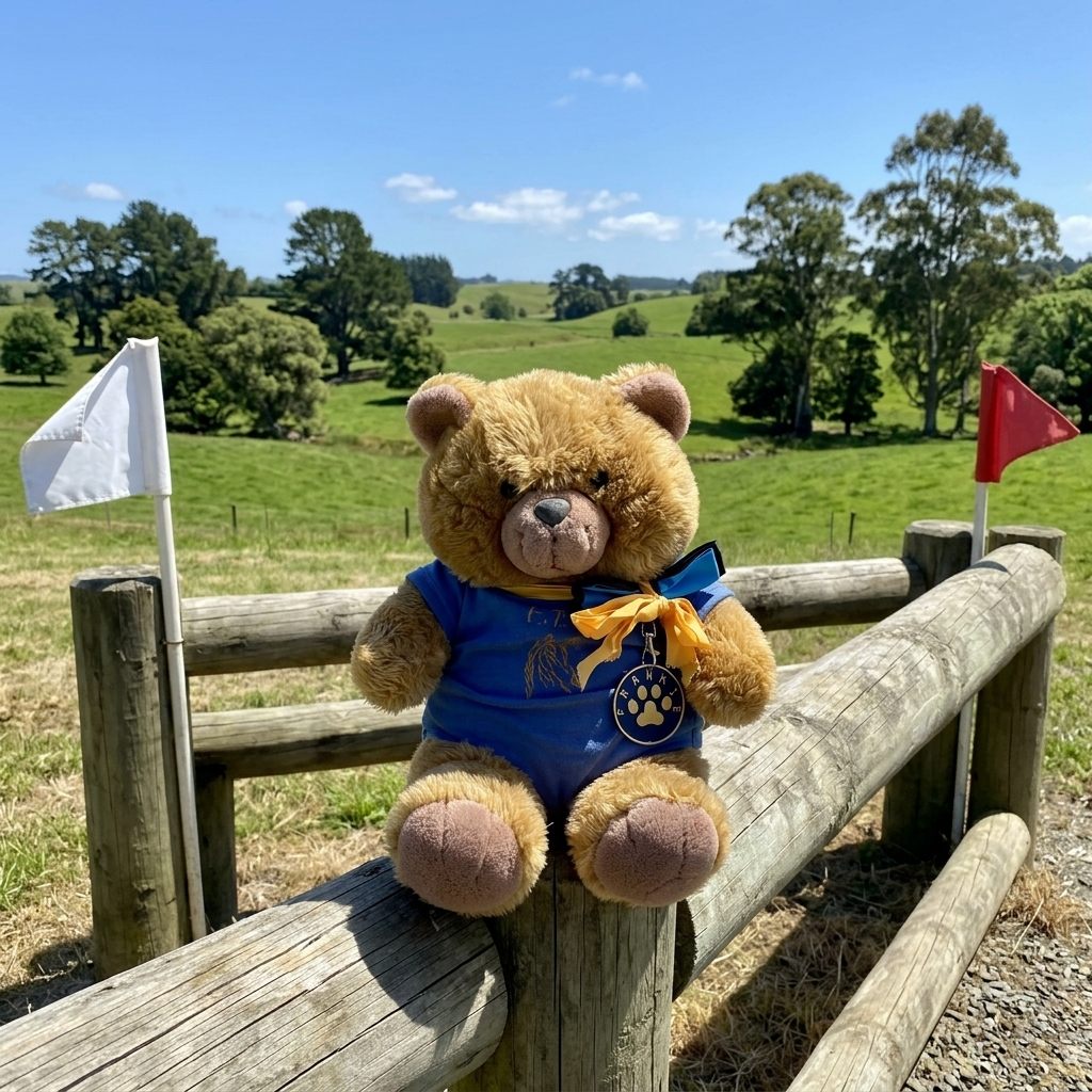 Frankie the mascot on a cross country fence in the Waikato hills